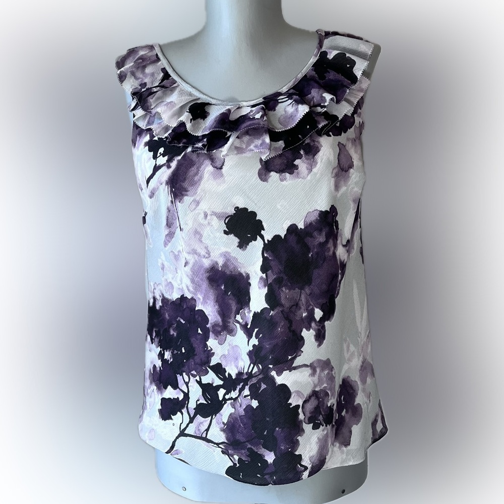 Loft (Ann Taylor) Petite Small Ruffle Neck Purple Gray Floral Sleeveless Blouse